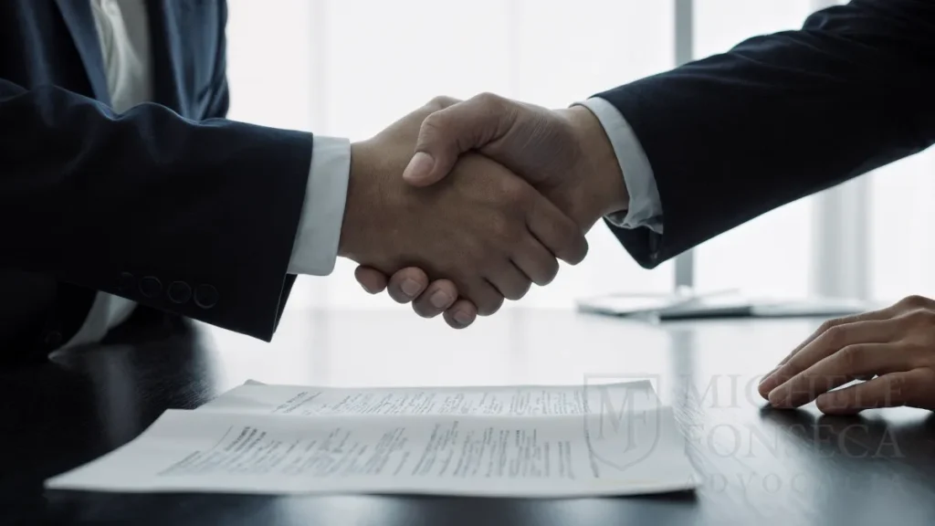 Dois sócios apertando as mãos sobre um documento de acordo de sócios em uma mesa de reunião, simbolizando uma parceria estratégica.