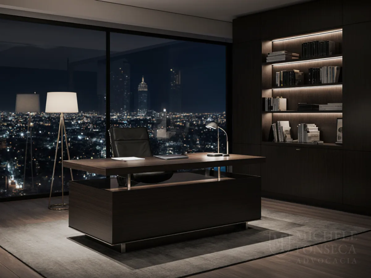 Escritório de advocacia de Michele Fonseca, com mesa de madeira e cadeira de couro, simbolizando um ambiente de confiança e estratégia.