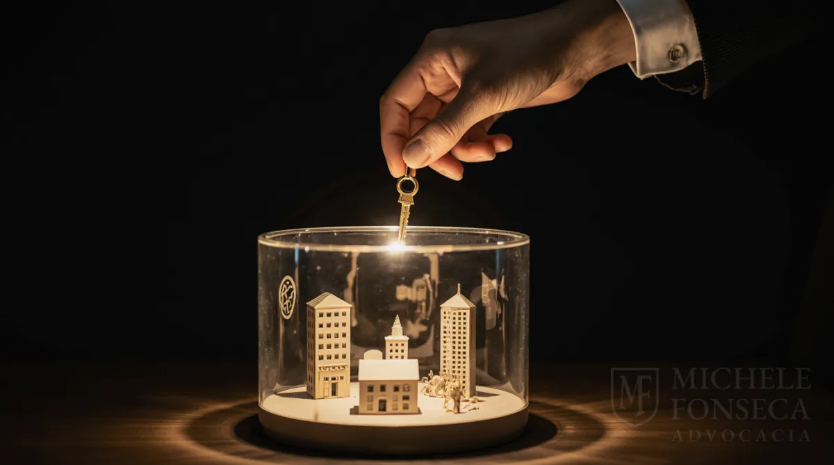 Mão colocando uma chave em um cofre que contém miniaturas de casas e empresas, simbolizando o que é uma Holding Familiar e a proteção de patrimônio.