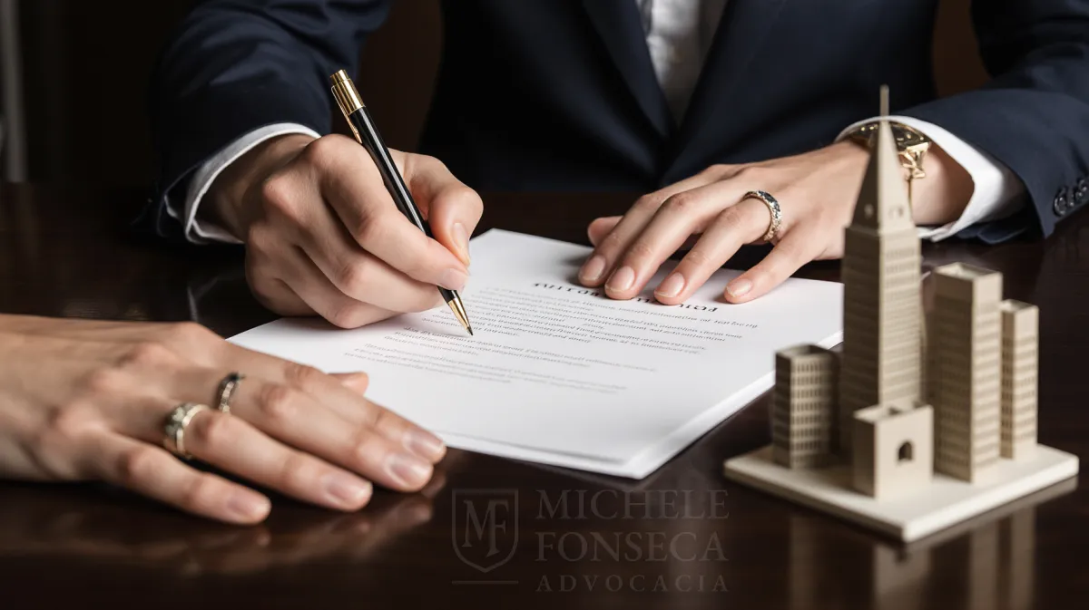 Mãos de um casal assinando um pacto antenupcial sobre uma mesa, com uma mão protegendo um modelo de prédio, simbolizando a proteção da empresa.