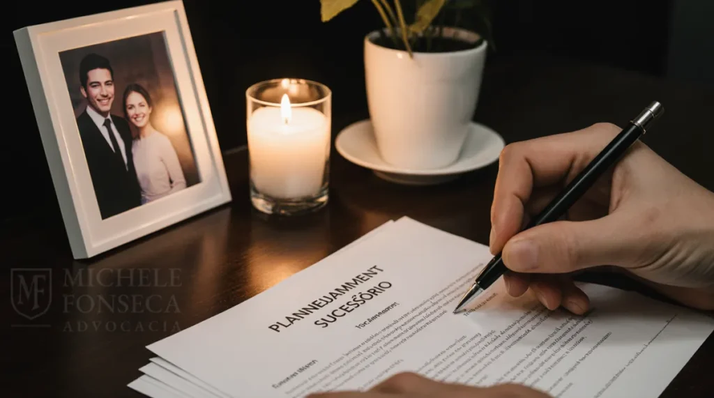 Mão assinando um documento de planejamento sucessório ao lado de uma foto de família, simbolizando a proteção do patrimônio e a prevenção do processo de inventário.