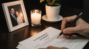 Mão assinando um documento de planejamento sucessório ao lado de uma foto de família, simbolizando a proteção do patrimônio e a prevenção do processo de inventário.