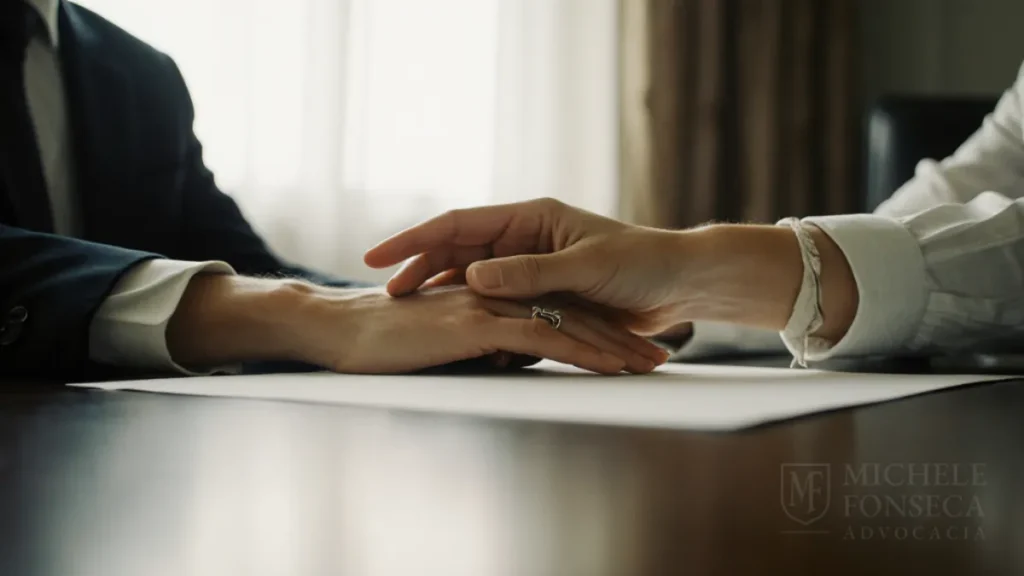 Advogado de direito de família auxiliando cliente com planejamento sucessório e assinatura de documentos importantes.
