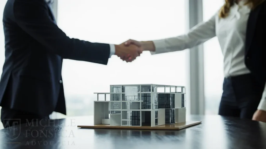 Advogada prestando assessoria jurídica empresarial, simbolizada por um modelo arquitetônico de um prédio corporativo.