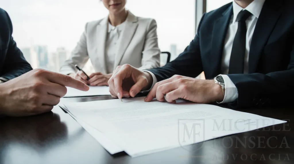 Advogada prestando assessoria trabalhista para empresas, em uma reunião com um executivo para analisar um contrato.