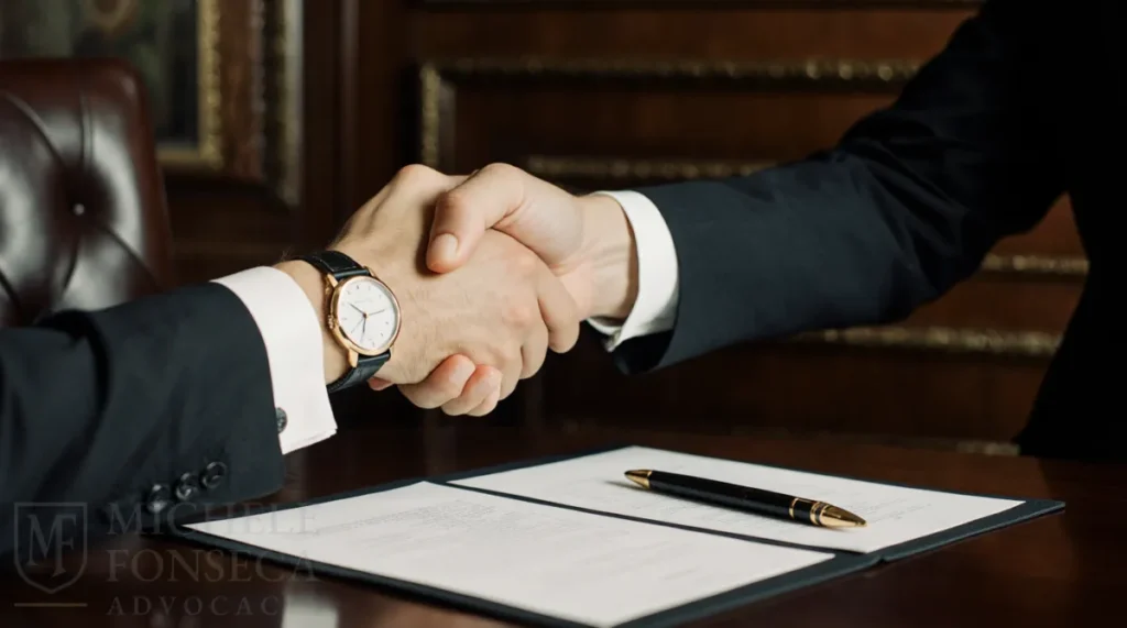 Dois executivos apertando as mãos sobre uma mesa com contratos C-Level, simbolizando um acordo estratégico e seguro.