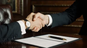 Dois executivos apertando as mãos sobre uma mesa com contratos C-Level, simbolizando um acordo estratégico e seguro.