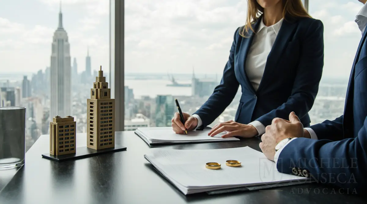 Casal de empresários em ambiente corporativo ao lado de documentos de contrato de convivência e modelos de empresa